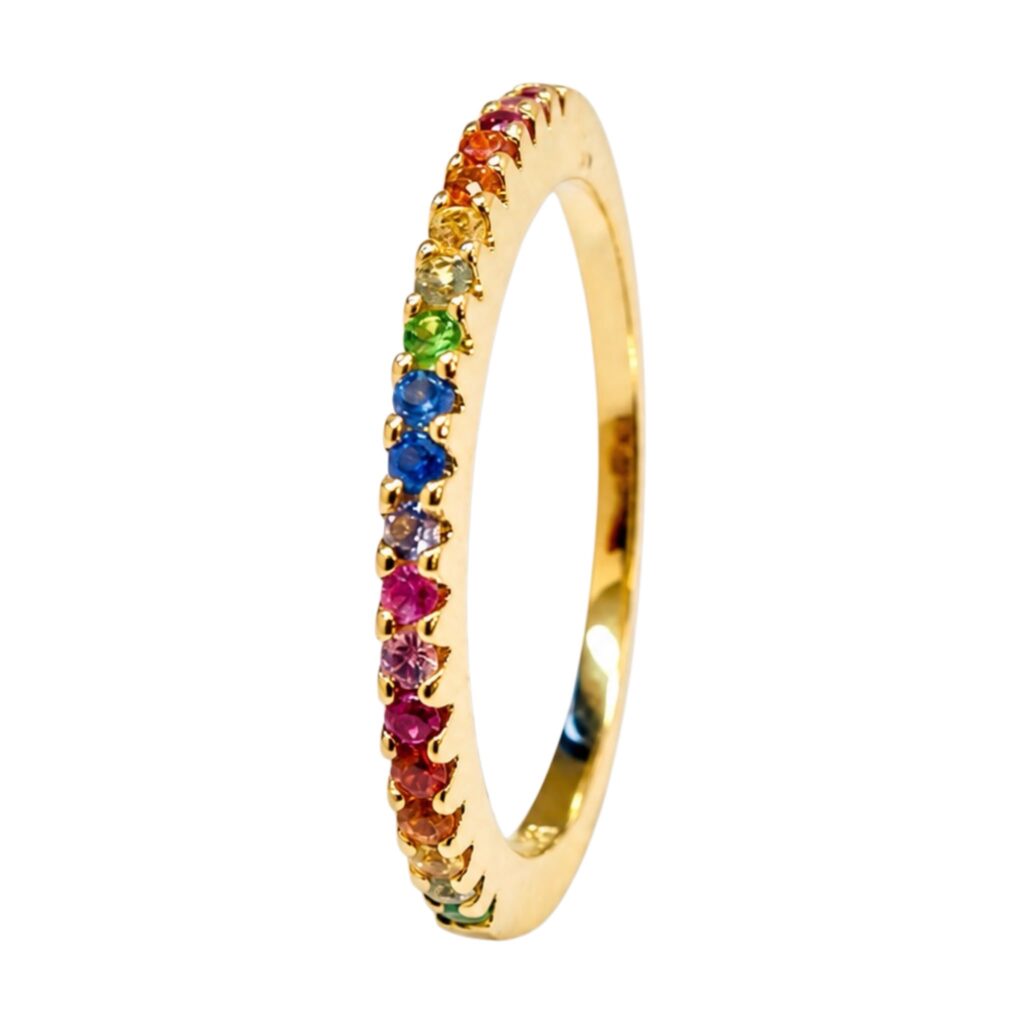 geel gouden ring met regenboog edelstenen: saffieren, tsavorite en robijn
