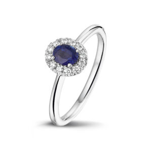 Wit gouden ring met blauwe saffier en diamanten