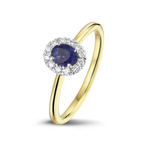 Geel gouden ring met blauwe saffier en diamanten