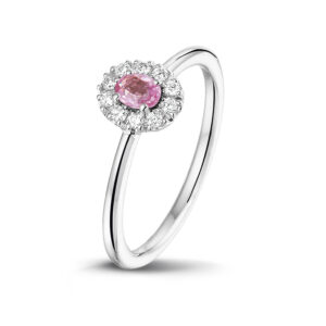 Wit gouden ring met roze saffier en diamanten