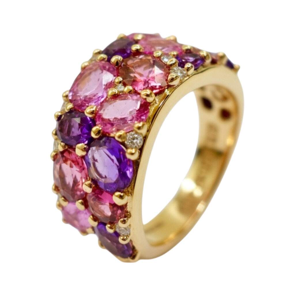 rosé gouden ring - saffier, amethist en diamant
