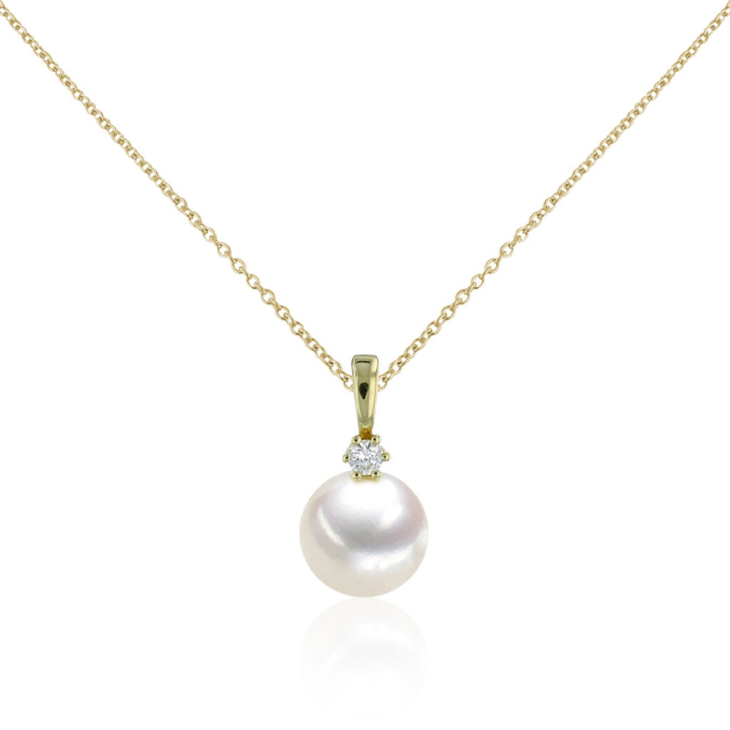 Geel gouden collier met parelhanger en diamant