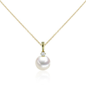 Geel gouden collier met parelhanger en diamant