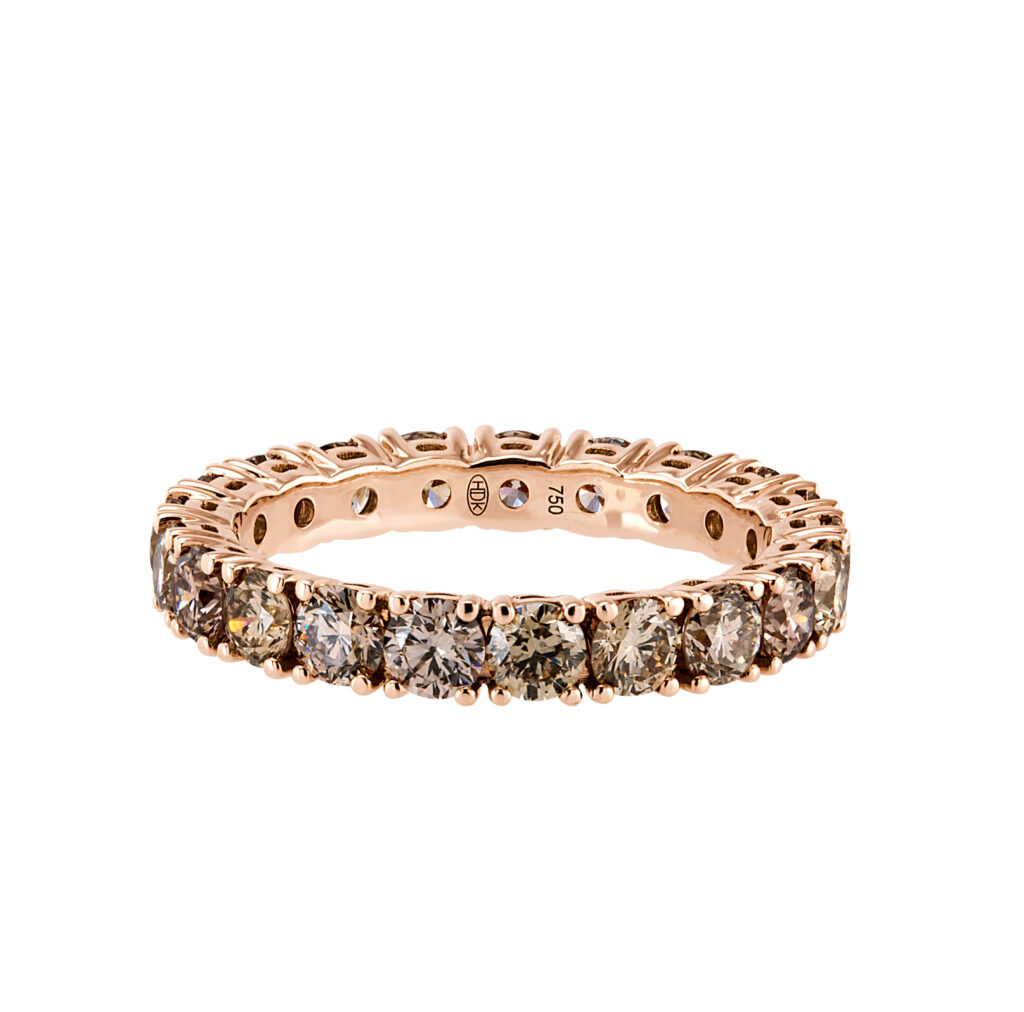 Rosé gouden ring met champagne diamanten, rondom bezet