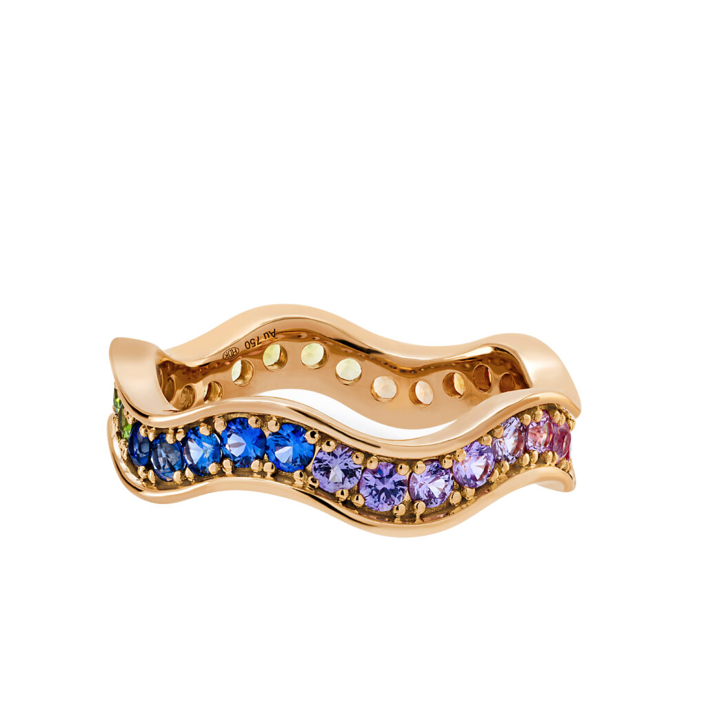 Rosé gouden Wave ring met regenboog saffieren
