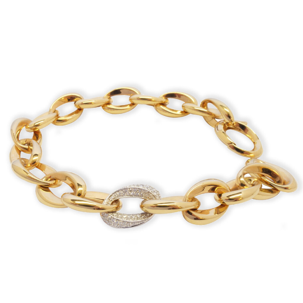 Rosé gouden schakelarmband met witgouden schakel en diamanten