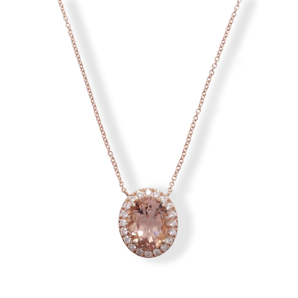 Rosé gouden collier met morganiet en diamanten
