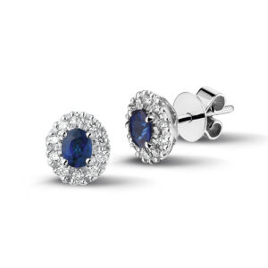 Wit gouden oorstekers met diamanten en blauwe saffier