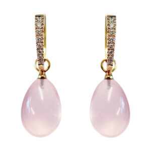 rosé gouden oorhangers met diamanten en rozenkwarts