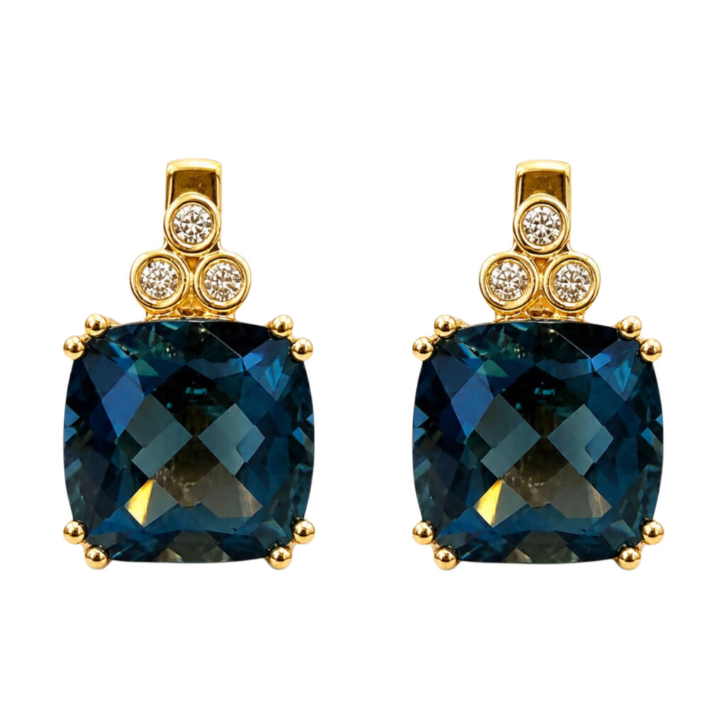 geel gouden oorstekers met london blue topaas en diamanten