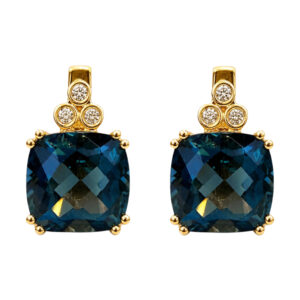 geel gouden oorstekers met london blue topaas en diamanten