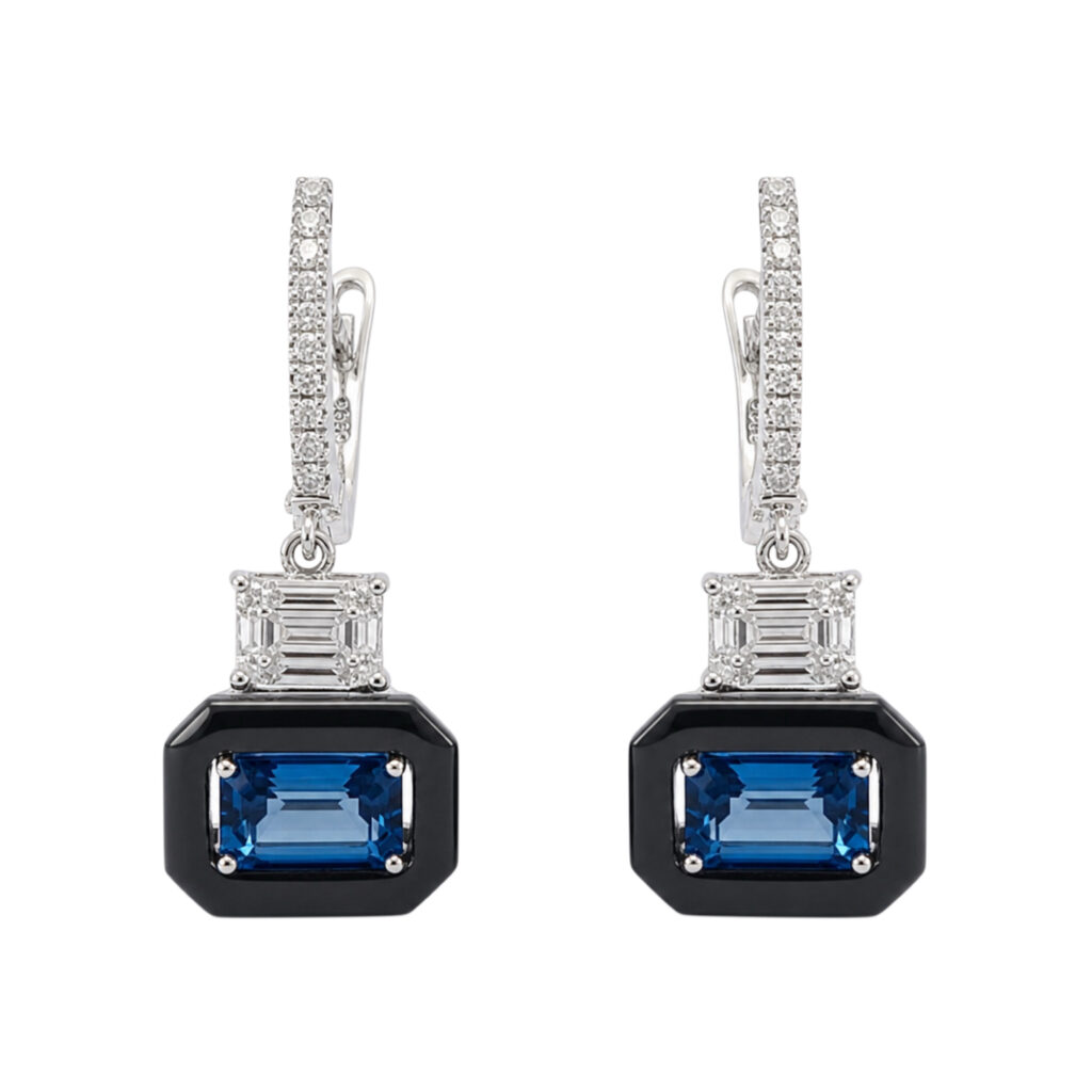 wit gouden oorhangers met london blue topaas, onyx en diamant