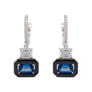 wit gouden oorhangers met london blue topaas, onyx en diamant