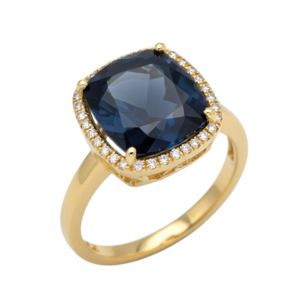 geel gouden ring met londen blue topaas met diamant