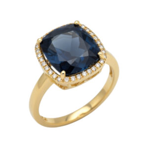 geel gouden ring met londen blue topaas met diamant