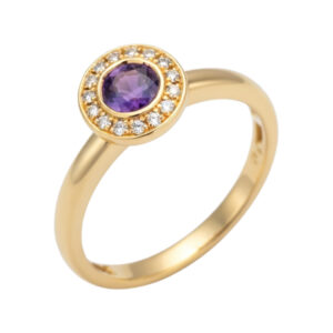 Geel gouden ring met amethist en diamanten