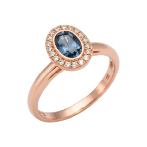 Rosé gouden ring met Londen blue topaas en diamanten