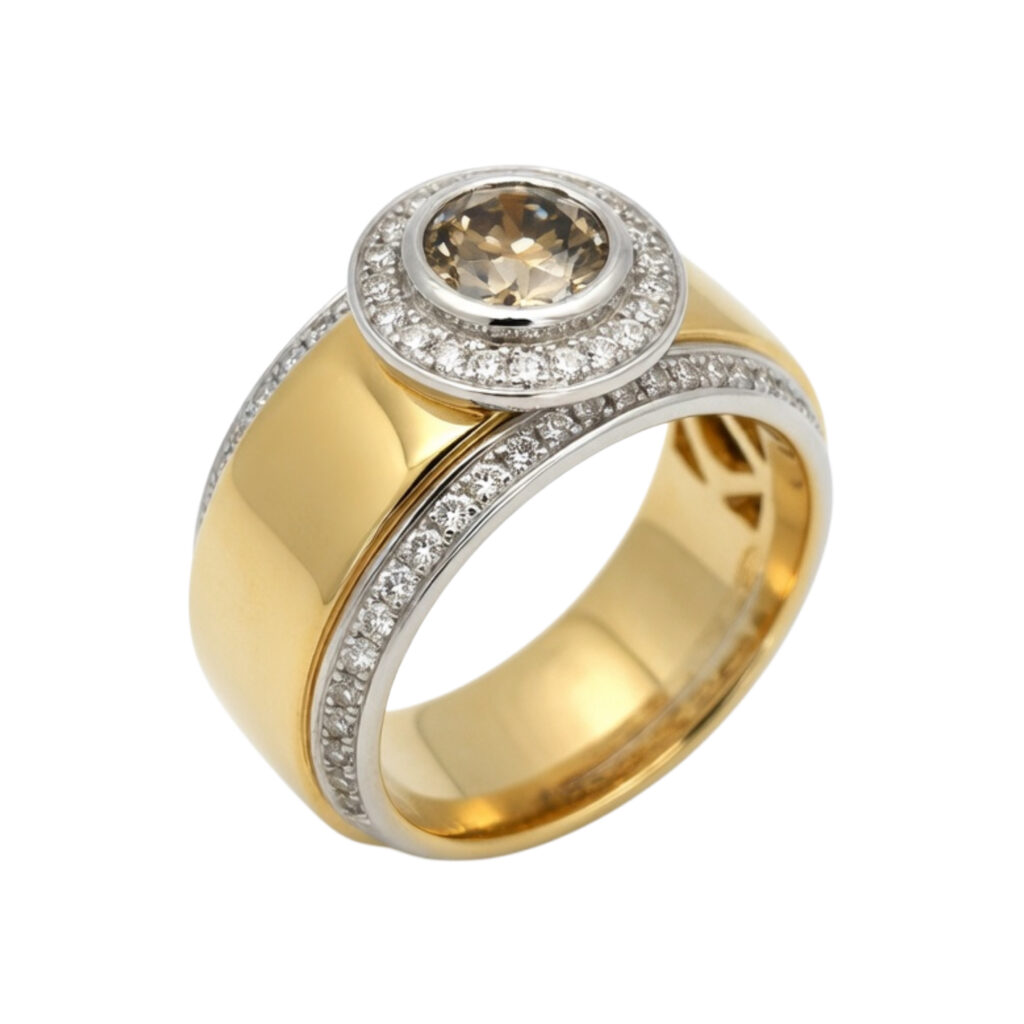 Geel gouden ring met rookquartz en diamanten