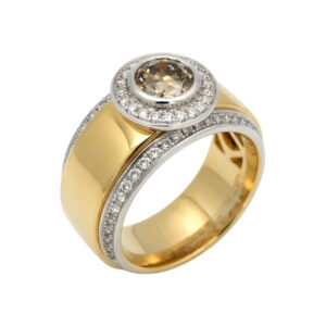 Geel gouden ring met rookquartz en diamanten