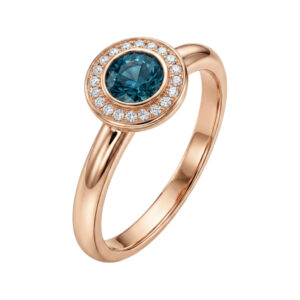 rosé gouden ring met londen blue topaas en diamanten