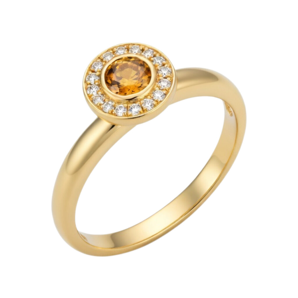 geel gouden ring met citrin en diamanten