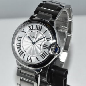 Pre-Owned Cartier Ballon Bleu 36 mm W69011Z4 in nieuwstaat met stalen horlogeband en zilverkleurige wijzerplaat, Full Set