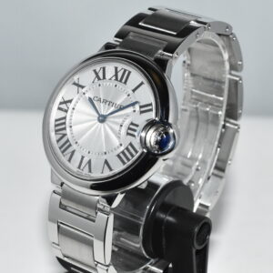 Pre-Owned Cartier Ballon Bleu 36 mm W69011Z4 in nieuwstaat met stalen horlogeband en zilverkleurige wijzerplaat, Full Set